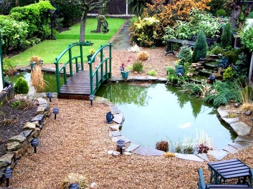 Ornamental Garden pond fitted with SAFADECK pond grid below deck by Pond Safety Systems, Ireland